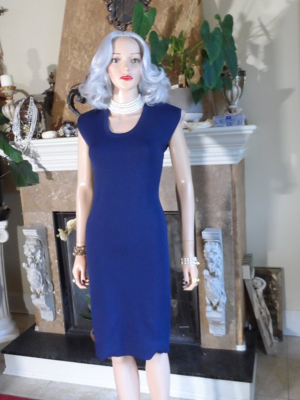 Lanvin Navy Blue Knit Sheath Dress with Exposed Shoulder Pads Detail Size M
